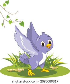 Happy little bird learns to fly. Vector