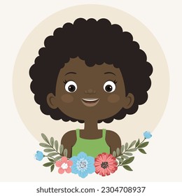 Happy little black girl portrait. Smiling black child with flowers in cartoon style. Vector illustration.