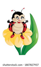 A happy little black red ladybug on the yellow flower, design animal cartoon vector illustration