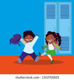happy little black school kids in corridor
