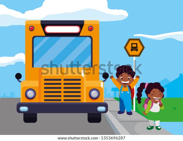 happy little\
black school kids in the bus\
stop