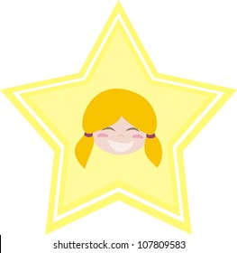 Happy little blond girl is the best! She is laughing and shining like a star. Vector illustration isolated on white background.