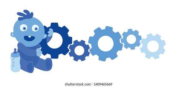 Happy little blue toddler character on white. Cute, cheerful baby boy progress and child development. Son interested in technology. Working mechanism with cogs. Vector Illustration on white background