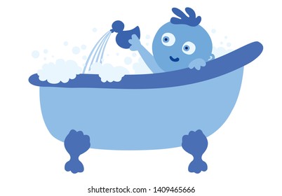 Happy little blue toddler on white. Cute baby boy holding rubber duck and having a bath in an old vintege bathtub. Bathing as a routine. Child care and hygiene. Foam and water vector Illustration.