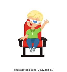 Happy little boy in 3d glasses sitting on red chair and watching 3D movie in the cinema vector Illustration