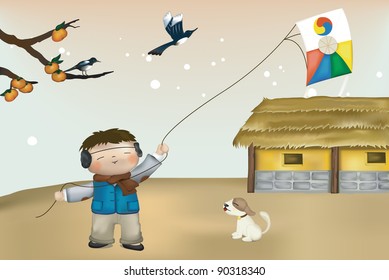 Happy Little Boy with Animals - a rural landscape