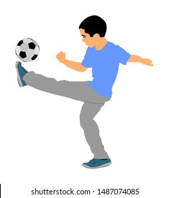 Happy little boy with ball playing football vector illustration isolated on white background. Boy kick soccer ball outdoor vector. Sport kid exercise and play with favorite toy. Nice birthday present.