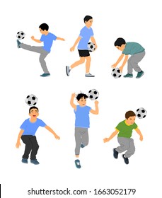 Niño feliz con la ilustración del vector del fútbol futbolín aislado en fondo blanco. Niño patea la pelota de fútbol al aire libre vector. Deportivo chico ejercitar y jugar con juguete favorito. Buen regalo de cumpleaños.