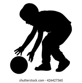 Happy little boy with ball vector silhouette isolated on white background. Kid playing with ball favorite toy. Soccer junior worming up, work out activity. Sport child exercise football game outdoor.