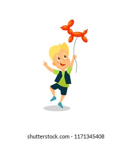 Happy little boy with balloon in the shape of a dog vector Illustration on a white background