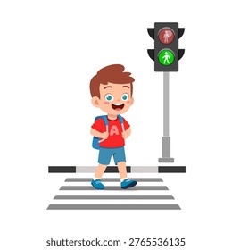 Happy little boy with a blue backpack cheerfully crossing the road on a crosswalk with a green traffic light