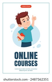 Happy Little boy with book Shows thumbs up. Flyer design. Training concept banner, promo, advertising, leaflet. Vector flat illustration cartoon style. Online education, courses, studying concept.