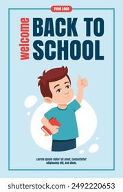 Happy Little boy with book Shows thumbs up. Education, back to school concept Flyer design. Vector illustration.