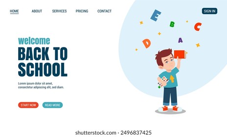 Happy Little boy with book Surrounded with letters. Education, reading concept website, web page design. Vector.