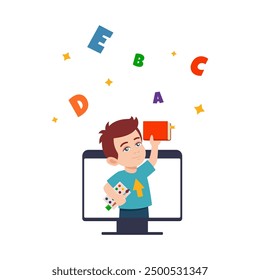 Happy Little boy with book Surrounded with letters on computer monitor. Education, reading concept illustration. Vector
