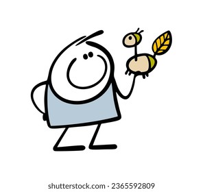Happy little boy came from school or kindergarten and brought a craft made of natural materials. Vector illustration of a skillful child and a fantastic animal. Doodle character isolated on white.