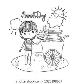 happy little boy with cart of books in the field