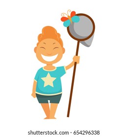 Happy little boy catching butterfly in scoop net vector children playing outdoor