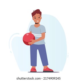 Happy Little Boy Character Wearing Casual Clothing Holding Bowling Ball Prepare to Hit Perfect Strike in Alley. Kid Player at Sport Game Competition, Active Lifestyle. Cartoon Flat Vector Illustration