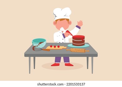 Happy little boy chef wearing chef uniform and making a birthday cake on the table. Cooking concept. Vector illustration.