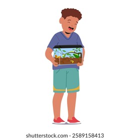 Happy little boy child isolated cartoon character holding glass aquarium with ground worms leaving inside vector illustration. Small kid caring for earthworm growing insect pets in special farm house