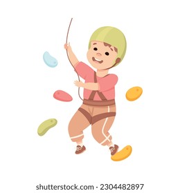 Happy Little Boy Climbing Wall Crawling Up Equipped with Rope Vector Illustration