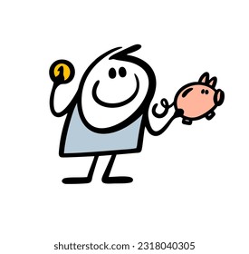Happy little boy with coin and pig bank. Vector illustration of stick figure teenager saving money cash. Cartoon stickman isolated on white background.