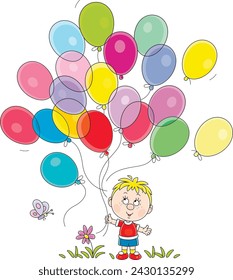 Happy little boy with colorful holiday balloons happily smiling and walking in a summer park, vector cartoon illustration isolated on a white background
