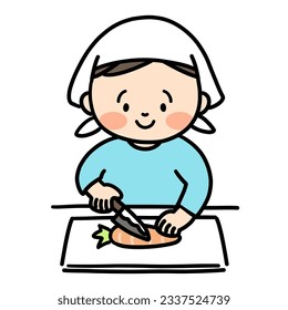 Happy Little boy cooking in kitchen.