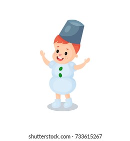 Happy little boy in the costume of snowman, kid in festive fancy dress cartoon vector illustration