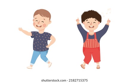 Happy Little Boy Dancing to Music Moving Body and Having Fun Vector Set