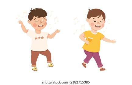 Happy Little Boy Dancing to Music Moving Body and Having Fun Vector Set