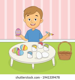 Happy Little Boy Decorating Easter Eggs