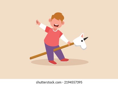 Happy little boy dressed like a cowboy playing with a homemade horse. the concept of pupil activity in class. Flat vector illustrations isolated.