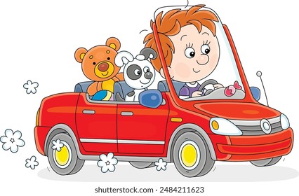 Happy little boy driving a beautiful red car with his funny toy passengers, vector cartoon illustration isolated on a white background