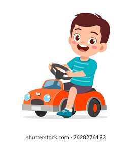 Happy Little Boy Driving Toy Car and Smiling with Joyful Expression in Cartoon Style
