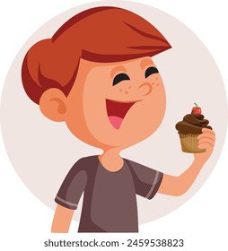 
Happy Little Boy Eating a Chocolate Muffin Vector Illustration. Cheerful child enjoying a dessert snack on his birthday 
