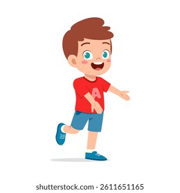 Happy Little Boy Extending Arms, Wearing Red T-Shirt and Blue Shorts in Cartoon Style