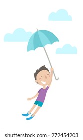 Happy little boy flying on umbrella. Flat design. Vector illustration.