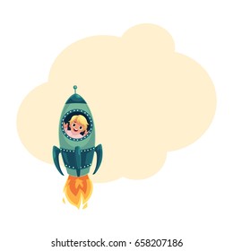 Happy little boy flying in rocket, spaceship, looking out of illuminator, cartoon vector illustration with space for text. Cute little boy astronaut flying in rocket, spaceship, aircraft