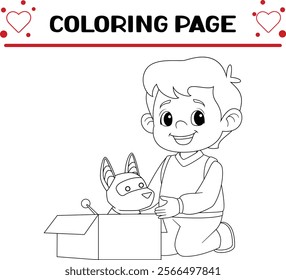 happy little boy found abandoned cyber dog coloring page for kids 