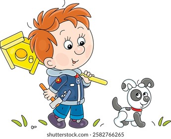 Happy little boy with a funny puppy walking and carrying a small wooden homemade birdhouse to nail it to a tree in a spring park, vector cartoon illustration on a white background