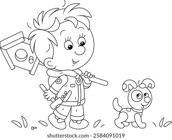 Happy little boy with a funny puppy walking and carrying a small wooden homemade birdhouse to nail it to a tree in a spring park, black and white vector cartoon illustration for a coloring book