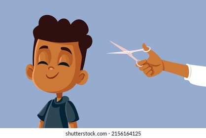 
Niño Feliz de tener una caricatura profesional del vector de cortes de pelo. Niño alegre con el pelo cortado por un peluquero profesional
