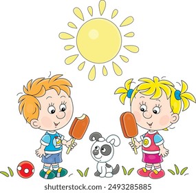 Happy little boy and girl with chocolate ice cream walking with their funny small puppy in a park on a sunny summer day, vector cartoon illustration isolated on a white background