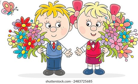 Happy little boy and girl with colorful flowers at a holiday in kindergarten or elementary school, vector cartoon illustration on white