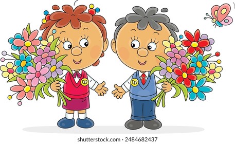 Happy little boy and girl with colorful flowers at a holiday in kindergarten or elementary school, vector cartoon illustration on a white background