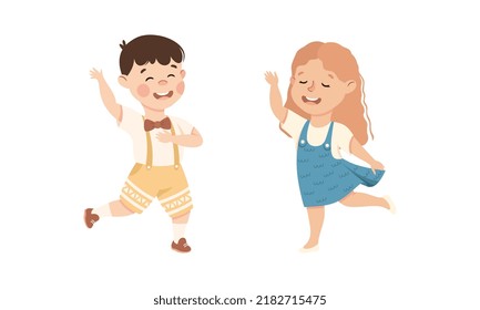 Happy Little Boy and Girl Dancing to Music Moving Body and Having Fun Vector Set