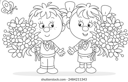 Niño y niña feliz con flores en unas vacaciones en el jardín de infantes o escuela primaria, ilustración de dibujos animados de Vector blanco y negro para un libro para colorear