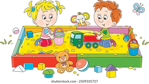 Happy little boy and girl friendly smiling, romping and playing with their colorful toys in a sandbox on a playground in a park, vector cartoon illustration on a white background